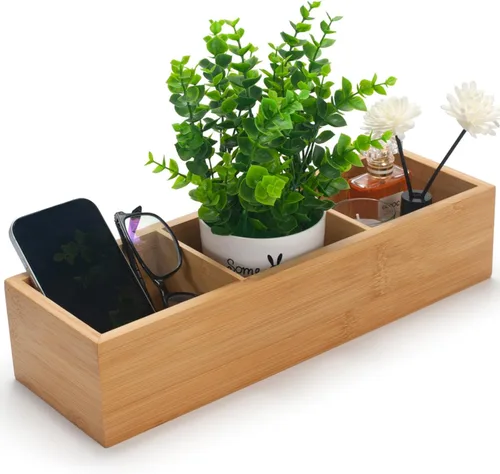 Vista 9 de Cesta de baño de bambú, cesta de madera para tanque de inodoro, caja de almacenamiento de madera con 3 compartimentos para organizador de baño