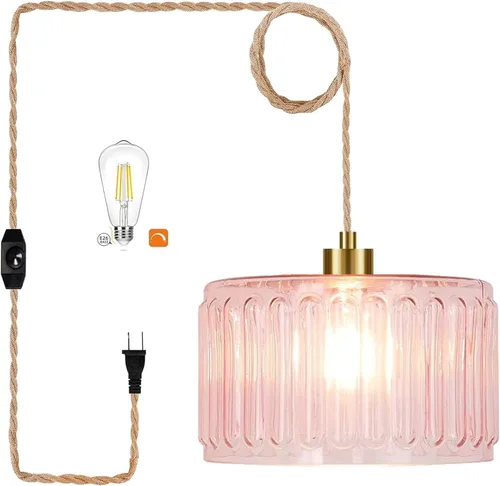 Vista 14 de Lámpara colgante de ratán para enchufar, con cable de enchufe, lámpara colgante de bambú regulable, tejida a mano estilo bohemio, pantalla