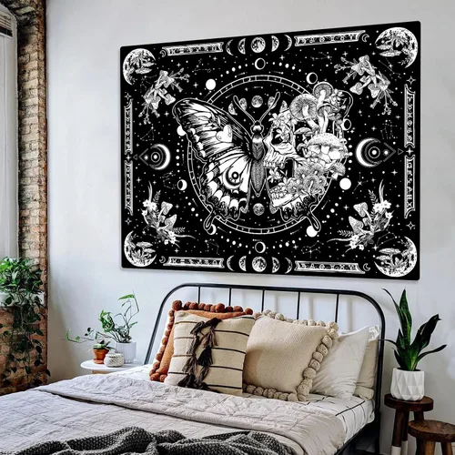 Vista 4 de Fungarth Tapiz de Esqueleto y Mariposa Blanco y Negro Calavera Hongos Plantas Tapices Hippie Estético Tapiz Colgante de Pared para Dormitorio Sala