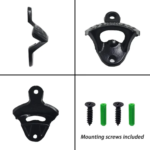 Vista 5 de Abridor de botellas de hierro fundido negro montado en la pared con tornillos montables para mesa de poste enfriador de madera (paquete de 3)