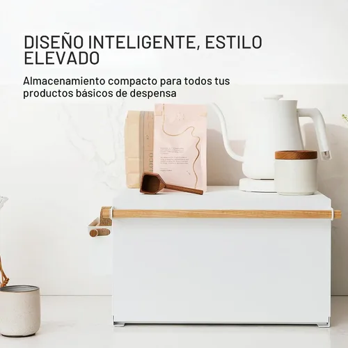 Vista 2 de YAMAZAKI Caja de Pan Moderna para el Hogar – Contenedor de Almacenamiento de Pan de Acero + Madera para Encimera, Caja de Pan Grande Blanca