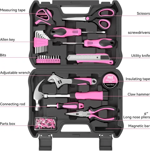 Vista 3 de Kit de herramientas rosa de 69 piezas para mujeres, pequeño kit de herramientas manuales básicas para el hogar, kit de herramientas perfectas