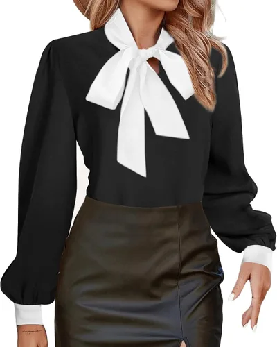 Vista 14 de Avanova - Camisas de manga larga abullonada con cuello de lazo para mujer, blusas casuales de trabajo