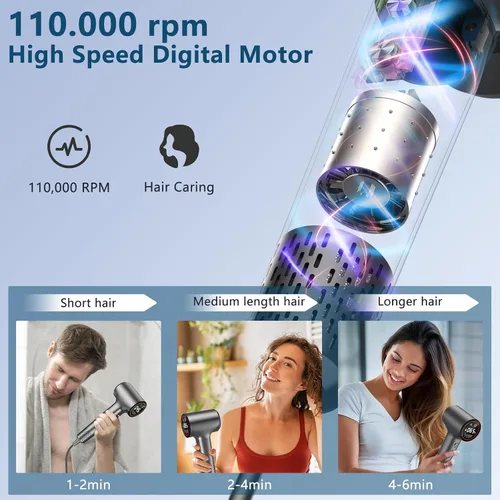 Vista 4 de Secador de Cabello, Secadores de Cabello Iónicos para Mujeres/Hombres, 110,000 RPM Pantalla HD Profesional Secador de Soplado de Alta Velocidad
