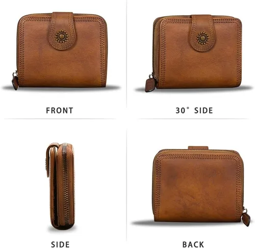Vista 5 de Billeteras de cuero plegables para mujer, estilo vintage, hechas a mano, pequeño, con cremallera, Marrón, Billetera plegable