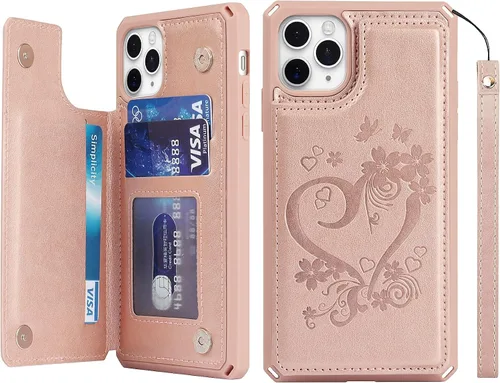Vista 22 de iCoverCase Funda compatible con iPhone 11 Pro Max con tarjetero para mujer, bloqueo RFID en relieve, piel sintética con correa de muñeca para 11pro