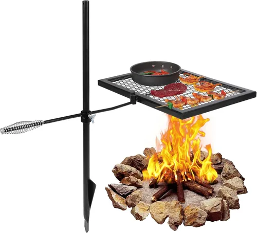 Vista 10 de REDCAMP Parrilla plegable giratoria para fogata, parrilla portátil para fogata sobre foso, rejilla de acero resistente y estante para fogata