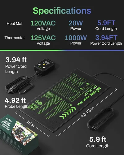 Vista 6 de BN-LINK Juego combinado de tapete térmico de plántulas con controlador de termostato, tapete calefactor de plantas de 10 x 20.75 pulgadas