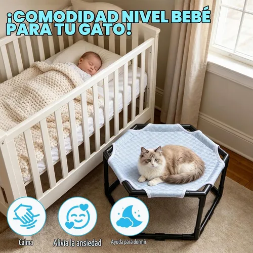 Vista 4 de Cama hamaca elevada para gatos, cuna hexagonal elevada para gatos con tela transpirable de gorro de hielo y bloque antideslizante, alfombrilla