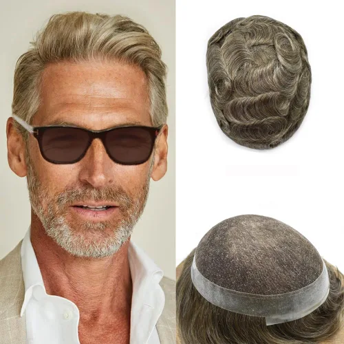 Vista 64 de Mens Toupee Hair Piece Real Cabello humano suave francés Encaje Toupee para hombres Sistema de reemplazo de cabello Hombres Hairpieces Hombres
