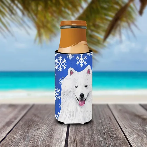 Vista 3 de Caroline's Treasures SC9379MUK American Eskimo Winter Snowflakes Holiday Ultra Hugger para latas delgadas puede enfriar manga Hugger lavable a