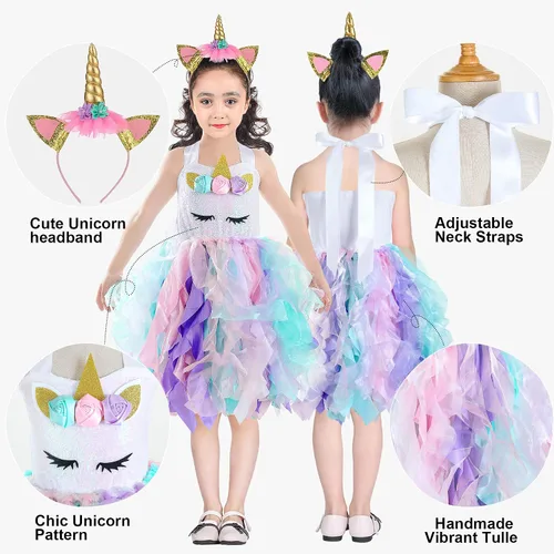 Vista 3 de Wish Care Disfraz de unicornio para niñas de 3 a 10 años, vestido de tutú de unicornio con lentejuelas y arco iris, disfraz de fiesta de cumpleaños