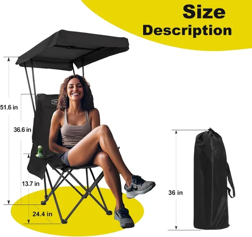 Vista 2 de YOUNG WOOD Silla de Camping y Playa Portátil con Toldo de Sombra, Plegable Ligera de Gran Tamaño para Todos, Fácil de Abrir y Cerrar Sin