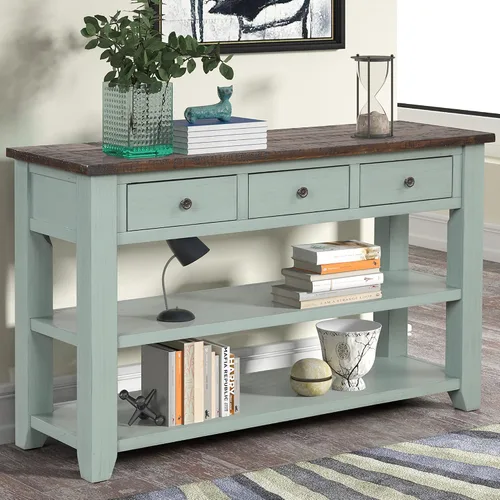 Vista 14 de RuiSiSi Mesa consola de 48 pulgadas con 3 cajones y 2 estantes, mesa de sofá de madera de granja para sala de estar, entrada, pasillo, color blanco