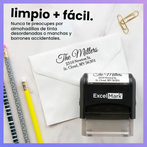 Vista 6 de ExcelMark Sello de dirección de devolución personalizado – Sello de goma autoentintado personalizado (mediano, Great Vibes)