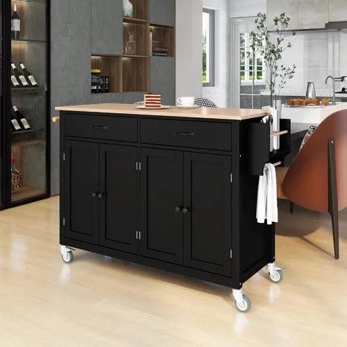 Vista 17 de Delicate Rolling Kitchen Island Cart with Rubber Wood Drop-Leaf Countertop and Lockable Rollers,Storage Cabinet and 2 Drawers,Sliding Barn Door
