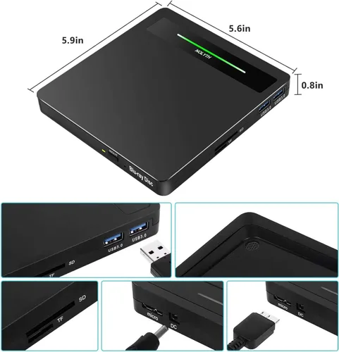 Vista 5 de Unidad Blu Ray externa: USB 3.0 Tipo-C Blueray/DVD Drive para PC Laptop Mac Windows Portátil Bluuray Burner Player con SD TF 2 puertos USB