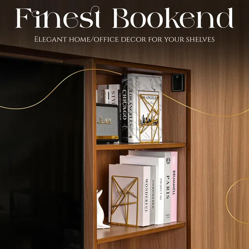Vista 4 de Sujetalibros decorativos de metal dorado con diseño geométrico para estantes con acabado de recubrimiento en polvo, elegante soporte de escritorio