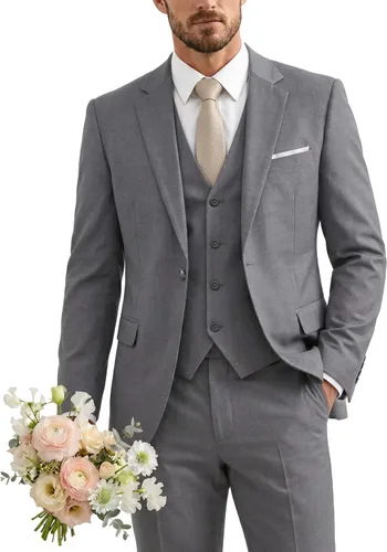 Vista 31 de Traje de 3 piezas para hombre con corbata, chaleco sólido de un botón y beige (529-beige)