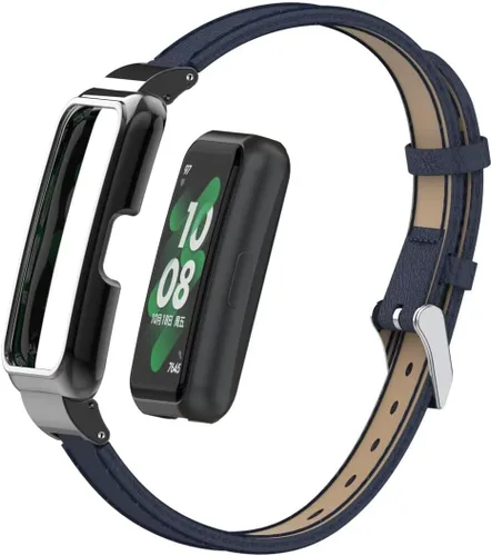 Vista 10 de Bandas compatibles con Huawei Band 10/9/8/7, accesorios de correa de repuesto de cuero con marco de metal para Huawei Band 7/8/9/10 Negro