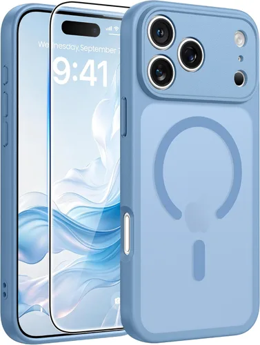 Vista 115 de FNTCASE Funda para iPhone 17 Pro: Fundas delgadas translúcidas de color azul claro compatibles con MagSafe, protección completa de la cámara
