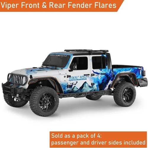 Vista 2 de Hooke Road Gladiator JT - Guardabarros planos, guardabarros delanteros y traseros resistentes con luces LED intermitentes para camionetas Jeep