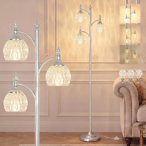 Vista 22 de JUNNAI Lámparas de pie negras para sala de estar, lámparas de pie de 66.5 pulgadas con pantalla de cristal, luces de brillo de 3 vías, lámpara