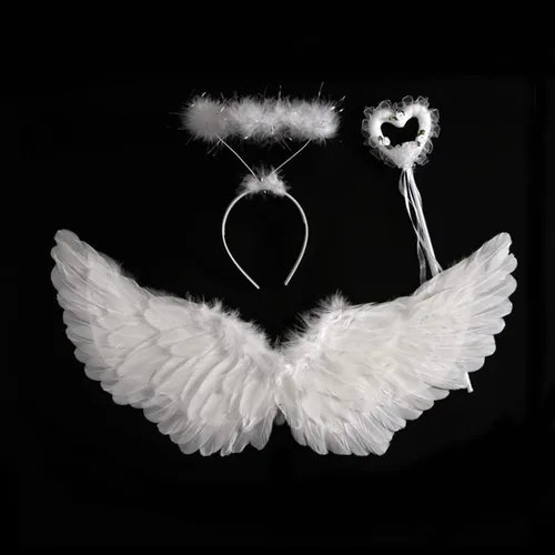 Vista 4 de 3 piezas de alas de ángel del diablo y varita mágica aureola, alas de plumas de hada, Halloween, Navidad, cosplay, disfraz para niños y adultos