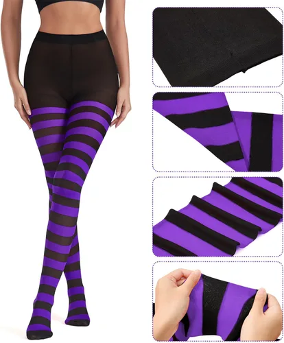 Vista 2 de American Trends Medias de rayas para mujer, mallas de bruja para disfraz de Halloween, medias elásticas Verde Negro (Green Black Stripe)