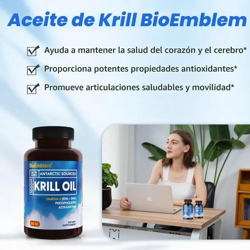 Vista 5 de BioEmblem Aceite de Krill Antártico - 1000 mg de aceite Omega-3, EPA, DHA, 180 cápsulas blandas 3pack_60 cápsula