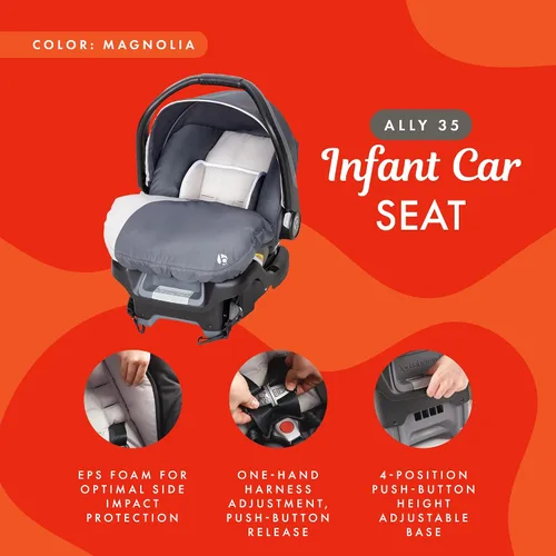 Vista 3 de Baby Trend Ally Sistema de Viaje con Asiento de Automóvil Portátil para Bebé Recién Nacido con Arnés y Funda Extra Acogedora para Bebés de hasta 35