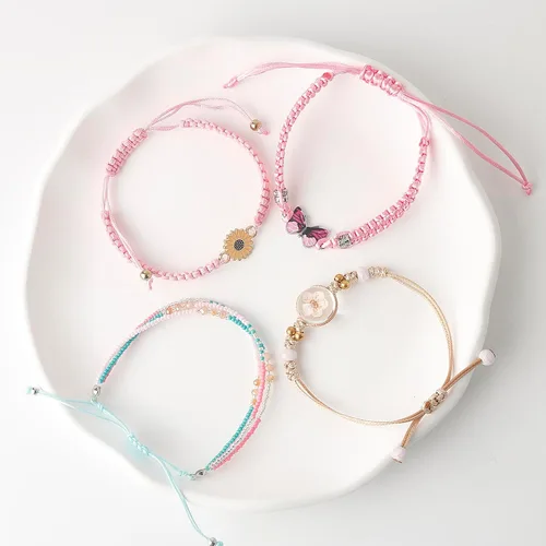 Vista 3 de Juego de 4 pulseras de cuentas para adolescentes y niñas, delicadas y lindas caricaturas de mariposa, margarita, flores eternas, juego de pulseras