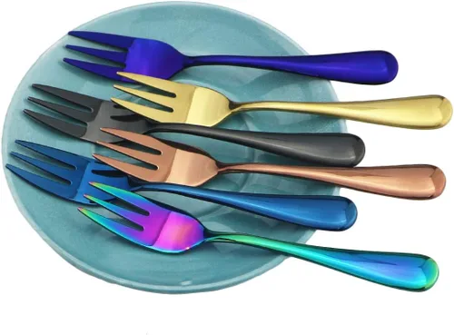 Vista 5 de Juego de 6 cubiertos de acero inoxidable de 5.5 pulgadas, tenedores para pastel de frutas, tenedores y tenedores para tartas de frutas