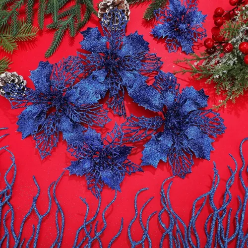 Vista 4 de Yinder Juego de 48 flores de Pascua artificiales con purpurina para el día de San Valentín con ramitas, decoración de árbol de Navidad, para corona