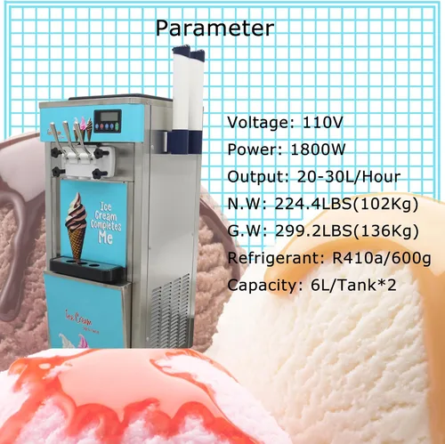 Vista 3 de Máquina de helado de servicio suave comercial 3 sabores de acero inoxidable 110 V 1800 W 20-30L/H Fabricantes de helados de pie Panel LCD