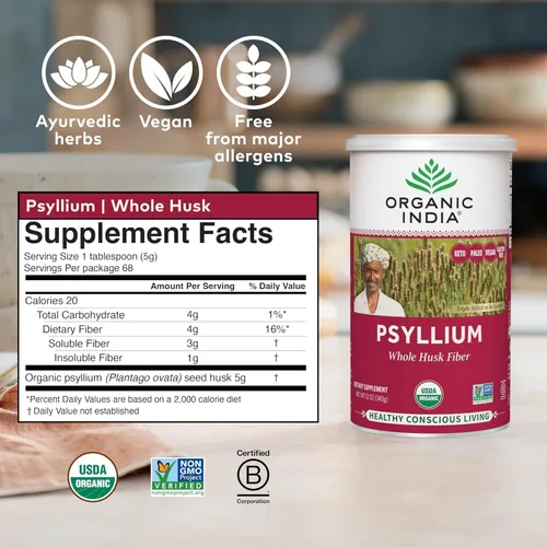 Vista 6 de Organic India Polvo entero de cáscara de psyllium orgánico, vegano