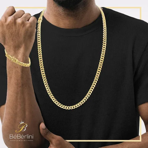 Vista 2 de BEBERLINI Cuban Link Chain 14K Gold Plated Curb Customizable Necklace 30 Bracelet 85 9 Stainless Steel Fashion Jewelry Set For Men 6 mm - 14 mm