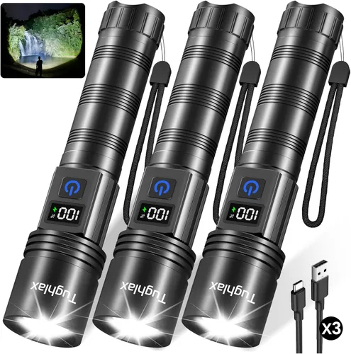 Vista 10 de Paquete de 2 linternas recargables, linterna súper brillante de alto lúmenes 9900LX, 5 modos con zoom linternas con pantalla digital LCD, potentes