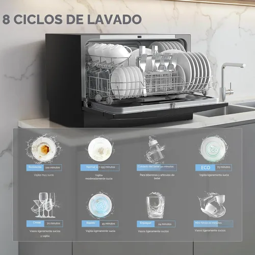 Vista 5 de COMFEE' Lavavajillas de encimera, lavavajillas portátil Energy Star, 6 servicios de mesa y 8 programas de lavado, velocidad, cuidado del bebé, ECO