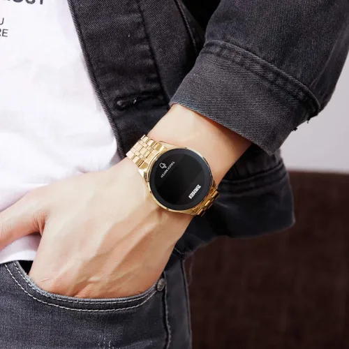 Vista 4 de PASOY Reloj digital LED con pantalla táctil, retroiluminación verde, acero inoxidable, impermeable, casual, deportivo, para hombres, mujeres y niños