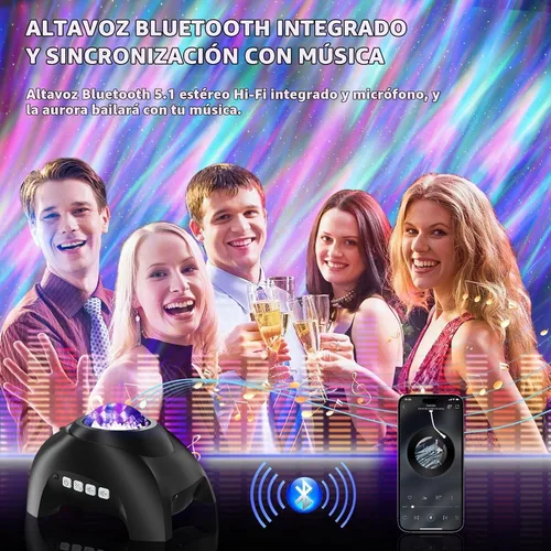Vista 5 de Proyector Aurora Northern Lights para dormitorio con altavoz Bluetooth de música y ruido blanco, proyector de galaxia, proyectores de luz nocturna