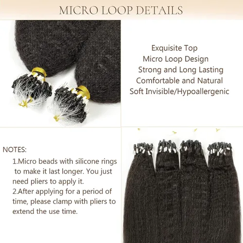 Vista 5 de Extensiones de cabello humano con micro anillo, lacio, rizado, color negro natural, largo microenlaces, extensiones de cabello humano para personas