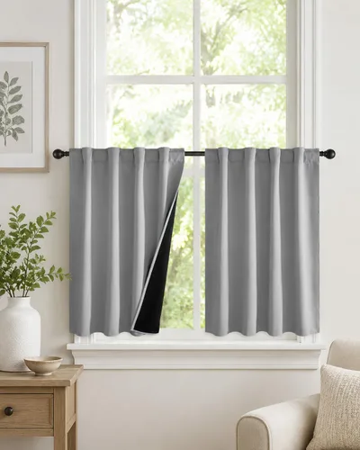 Vista 35 de PONY DANCE Cortinas opacas 100% cortas de 24 pulgadas de largo, medias cortinas con aislamiento térmico para ventanas pequeñas con parte trasera