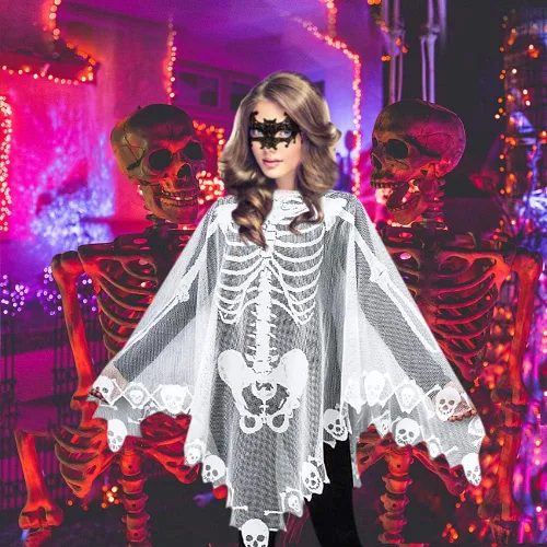 Vista 3 de Disfraz de esqueleto de Halloween para mujer con capa de esqueleto incluye máscara de mascarada para Halloween