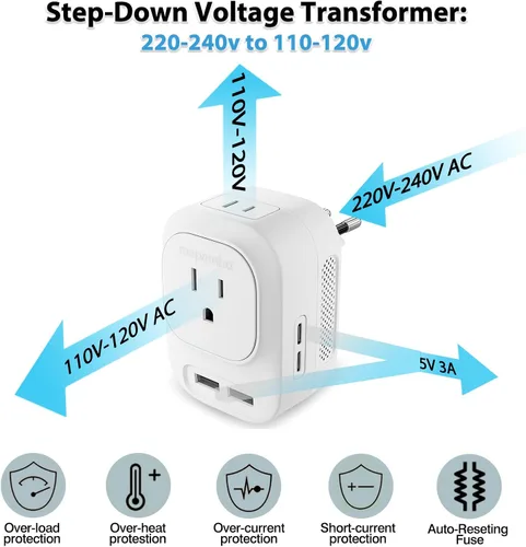 Vista 2 de Mapambo Convertidor de voltaje de 220 V a 110 V de EE. UU. a Europa con 2 puertos USB, 2 USB C, convertidor de adaptador de corriente internacional