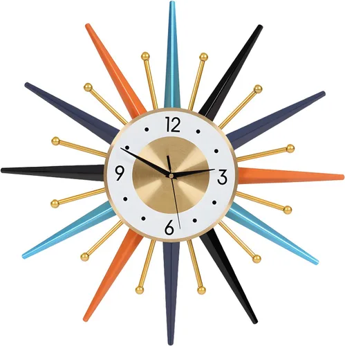 Vista 12 de Reloj de pared grande silencioso de 19.6 pulgadas para decoración de sala de estar, reloj de pared dorado con forma de explosión de sol y estrella