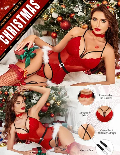 Vista 3 de Avidlove - Conjunto de lencería navideña de encaje con diseño de Papá Noel