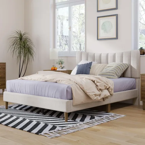 Vista 3 de Base de cama tapizada moderna de tamaño matrimonial con cabecera capitonada de canal vertical, base de cama de lino con plataforma completa