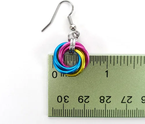Vista 3 de Pansexual pride earrings, handmade chainmail love knot jewelry; pink, yellow, blue