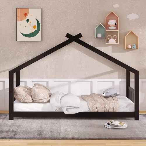 Vista 3 de Merax Camas Montessori de madera para niños con cabecero, marco de cama de suelo para niños y niñas, no necesita somier (individual, espresso)